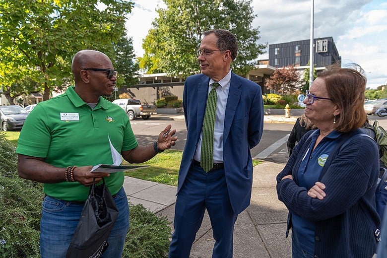 2023 Good Neighbor Welcome, with Dean of Students Marcus Langford, UO President Karl Scholz, and Eugene Mayor Lucy Vinis