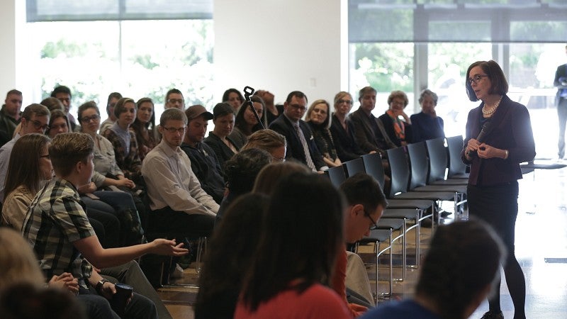 Governor Brown speaks with students