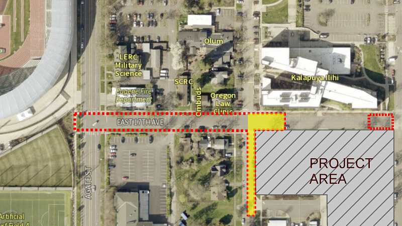 Construction impact map. Affects East 17th Avenue between Moss Street and Agate Street, as well as Columbia Street south of 17th Avenue