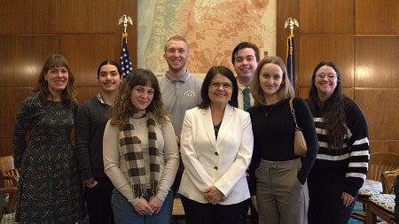 First Lady Aimee Kotek Wilson meets with students from the UO's Ballmer Institute for Children's Behavioral Health