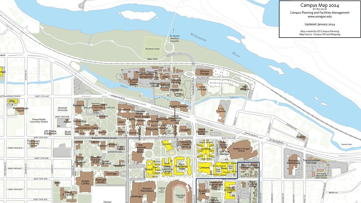 This map reflects the current campus footprint, with the East Campus Area in the lower right outlined in blue.
