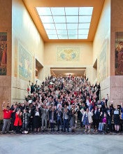 More than 200 university advocates gather on steps in the Oregon State Capitol rotunda