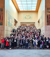 More than 200 university advocates gather on steps in the Oregon State Capitol rotunda